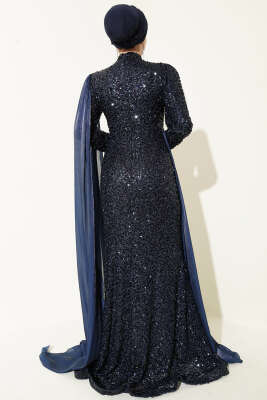 Taşlı Pul Payetli Pelerinli Abiye Elbise Lacivert - Elbise