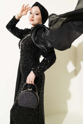 Taşlı Pul Payetli Pelerinli Abiye Elbise Siyah - Elbise