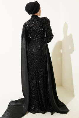 Taşlı Pul Payetli Pelerinli Abiye Elbise Siyah - Elbise