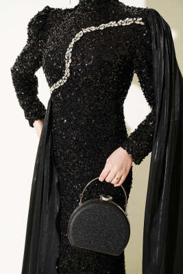 Taşlı Pul Payetli Pelerinli Abiye Elbise Siyah - Elbise