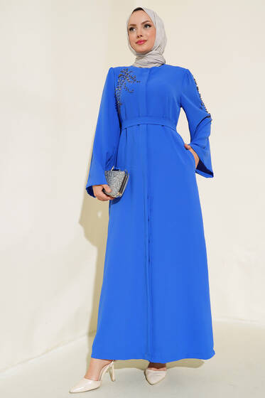 Taşlı Pul Süslemeli Düğmeli Ferace Saks - Ferace