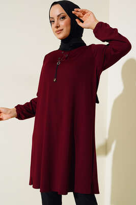 Taşlı Püskül Detaylı Basic Tunik Bordo 
