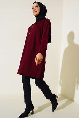 Taşlı Püskül Detaylı Basic Tunik Bordo - Tunik