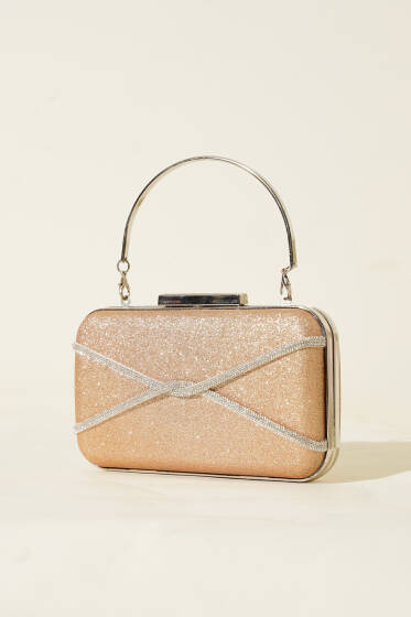 Taşlı Şeritli Abiye Çanta Bakır - Kol Çantası