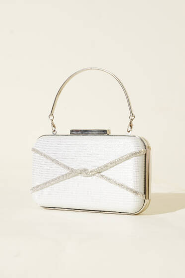 Taşlı Şeritli Abiye Çanta Beyaz - Kol Çantası