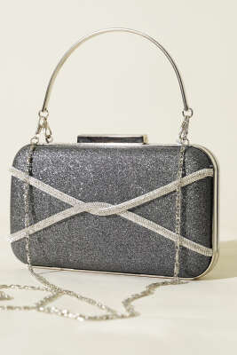 Taşlı Şeritli Abiye Çanta Füme 