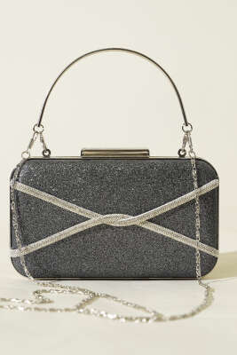 Taşlı Şeritli Abiye Çanta Füme - Kol Çantası