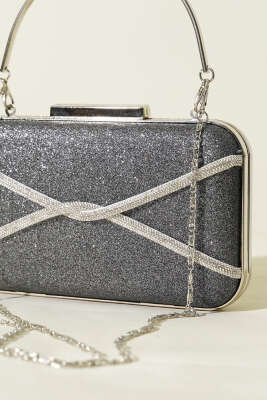 Taşlı Şeritli Abiye Çanta Füme - Kol Çantası