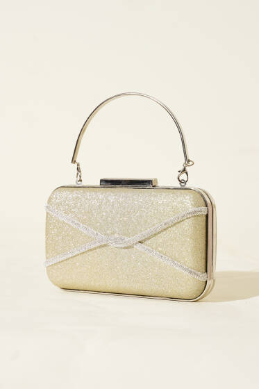 Taşlı Şeritli Abiye Çanta Gold - Kol Çantası