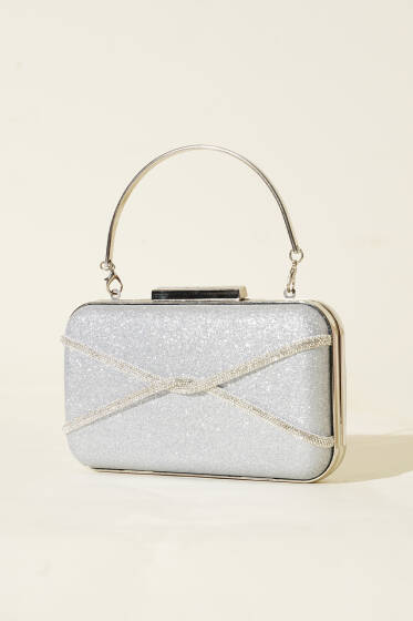 Taşlı Şeritli Abiye Çanta Gümüş - Kol Çantası