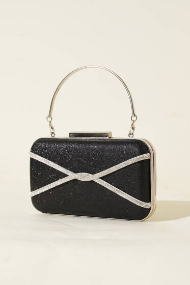 Taşlı Şeritli Abiye Çanta Siyah - Kol Çantası