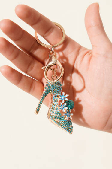 Taşlı Stiletto Figürlü Gold Anahtarlık Mavi - Anahtarlık