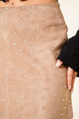 Taşlı Süet Mini Etek Latte - Kadın Giyim Modelleri