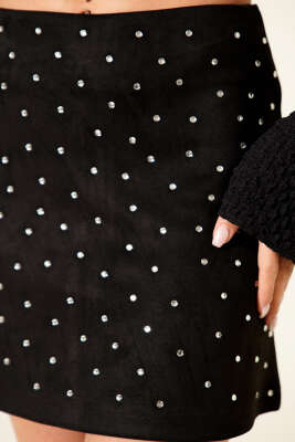 Taşlı Süet Mini Etek Siyah - Kadın Giyim Modelleri