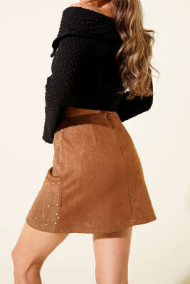 Taşlı Süet Mini Etek Taba - Kadın Giyim Modelleri