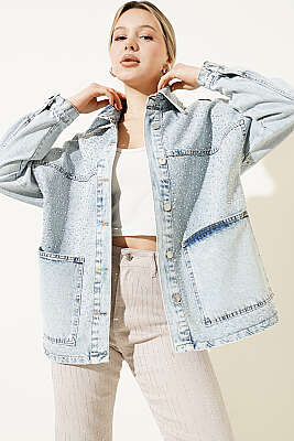 Taşlı Torba Cep Kot Ceket Açık Kar - Kadın Giyim Modelleri