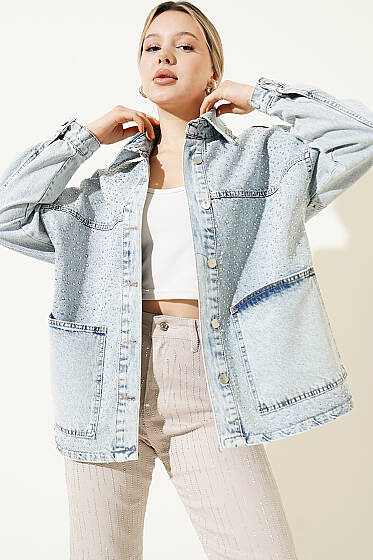 Taşlı Torba Cep Kot Ceket Açık Kar - Kadın Giyim Modelleri