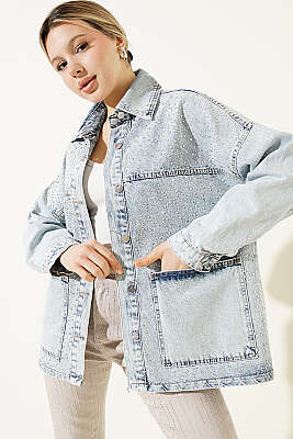 Taşlı Torba Cep Kot Ceket Açık Kar - Kadın Giyim Modelleri