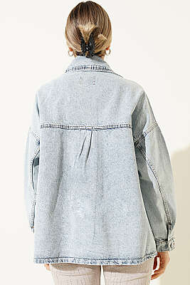 Taşlı Torba Cep Kot Ceket Açık Kar - Kadın Giyim Modelleri