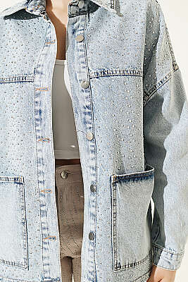 Taşlı Torba Cep Kot Ceket Açık Kar - Kadın Giyim Modelleri