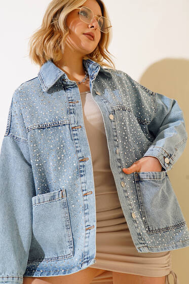 Taşlı Torba Cep Kot Ceket Kar Yıkama - Spor Ceket