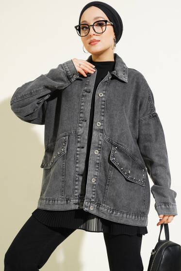 Taşlı Torba Cepli Kot Ceket Antrasit - Ceket