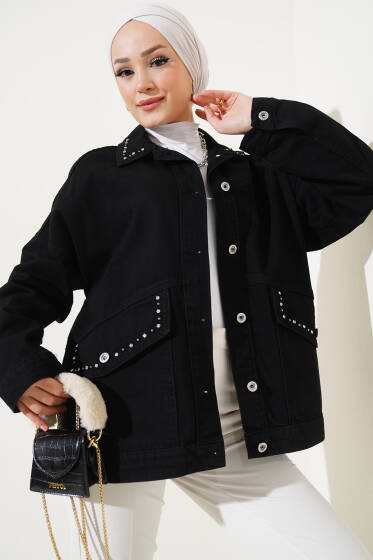 Taşlı Torba Cepli Kot Ceket Siyah - Ceket