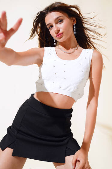 Taşlı Triko Bluz Ekru - Kadın Giyim Modelleri