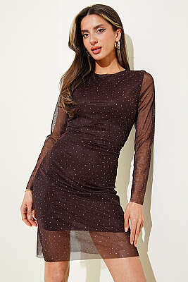 Taşlı Tül Detaylı Mini Elbise Kahve - Kadın Giyim Modelleri