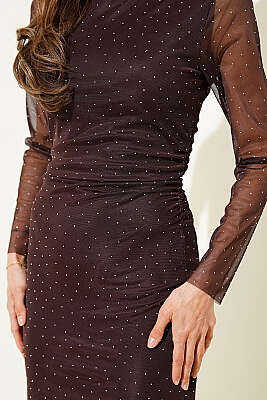 Taşlı Tül Detaylı Mini Elbise Kahve - Kadın Giyim Modelleri