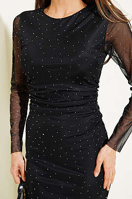 Taşlı Tül Detaylı Mini Elbise Siyah - Kadın Giyim Modelleri