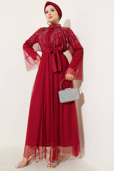 Taşlı Tül Pelerinli Abaya Bordo - Elbise