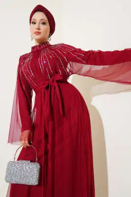 Taşlı Tül Pelerinli Abaya Bordo - Elbise