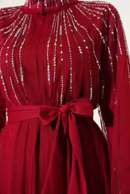 Taşlı Tül Pelerinli Abaya Bordo - Elbise