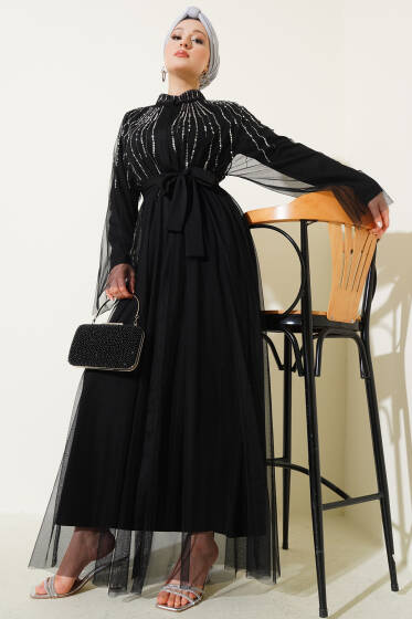 Taşlı Tül Pelerinli Abaya Siyah - Elbise