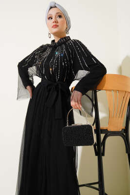 Taşlı Tül Pelerinli Abaya Siyah - Elbise