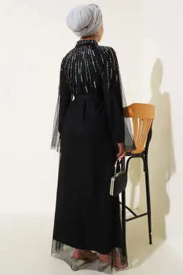 Taşlı Tül Pelerinli Abaya Siyah - Elbise