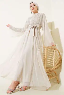 Taşlı Tül Pelerinli Abaya Taş - Elbise
