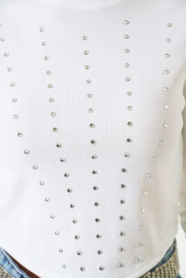 Taşlı Uzun Kol Kaşkorse Bluz Beyaz - Kadın Giyim Modelleri