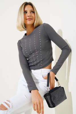 Taşlı Uzun Kol Kaşkorse Bluz Füme - Yılın Fırsatı