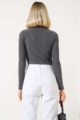 Taşlı Uzun Kol Kaşkorse Bluz Füme - Yılın Fırsatı