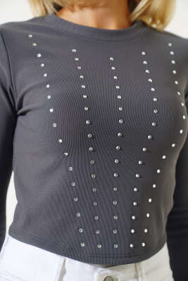 Taşlı Uzun Kol Kaşkorse Bluz Füme - Yılın Fırsatı