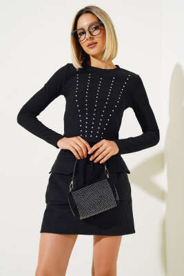 Taşlı Uzun Kol Kaşkorse Bluz Siyah - Kadın Giyim Modelleri