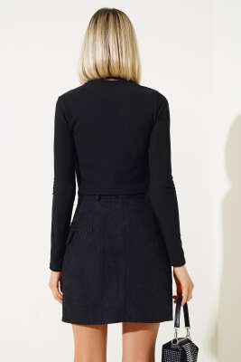 Taşlı Uzun Kol Kaşkorse Bluz Siyah - Kadın Giyim Modelleri