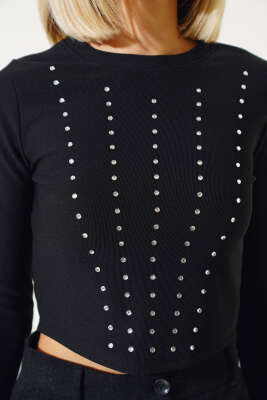 Taşlı Uzun Kol Kaşkorse Bluz Siyah - Kadın Giyim Modelleri