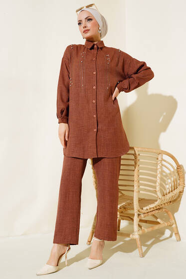 Taşlı Ve Pullu Keten İkili Takım Kahve - İkili Takım
