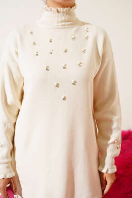 Taşlı Yaka Fırfırlı Triko İkili Takım Bej - Triko İkili Takım