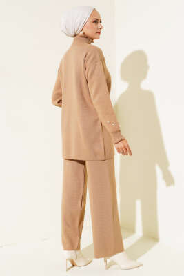 Taşlı Yaka Fırfırlı Triko İkili Takım Büsküvi - Triko İkili Takım