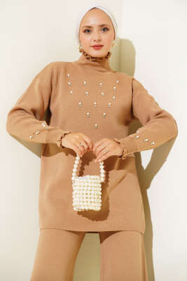 Taşlı Yaka Fırfırlı Triko İkili Takım Büsküvi - Triko İkili Takım