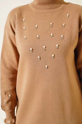 Taşlı Yaka Fırfırlı Triko İkili Takım Büsküvi - Triko İkili Takım